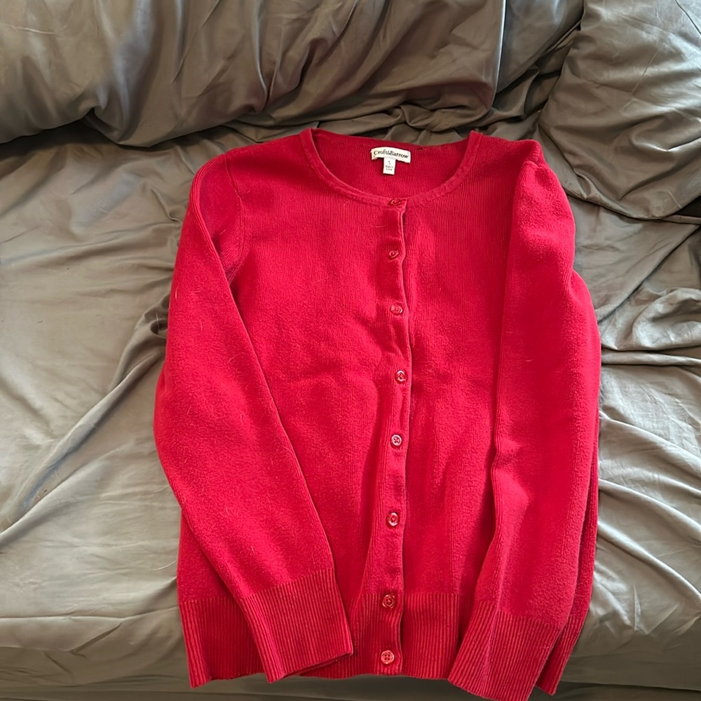 red cardigan sweater